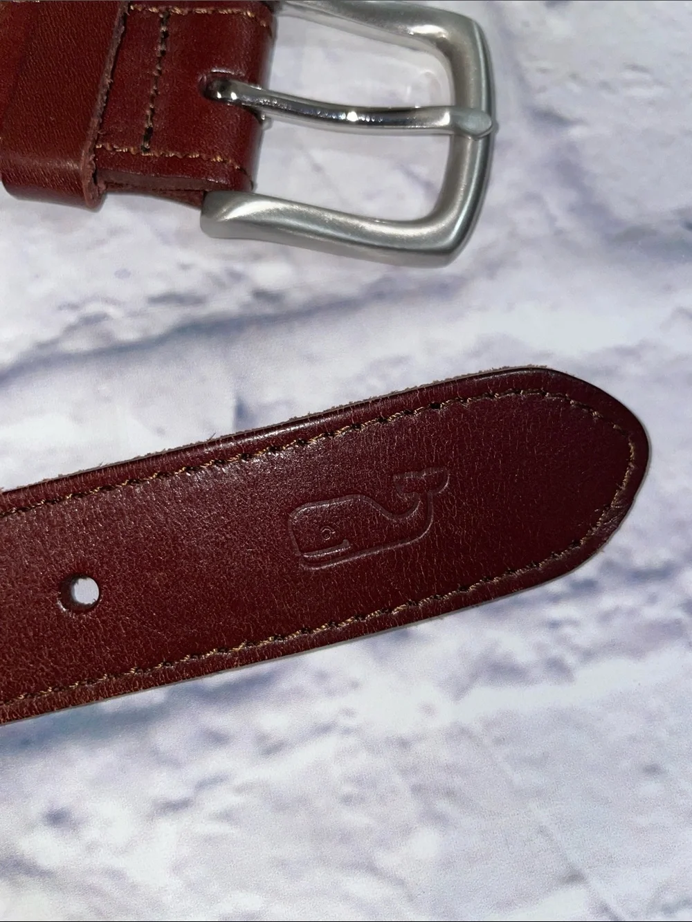 Vineyard Vines Blue Striped Canvas Belt with Brown Leather Size 40